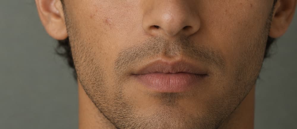 Close detail of skin texture, pores and a small blemish, left unretouched